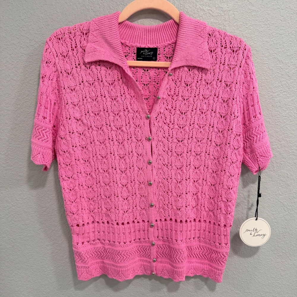 NEW Milk & Honey L Pink Pointelle Knit Short Sleeve Button Front Polo Cardigan